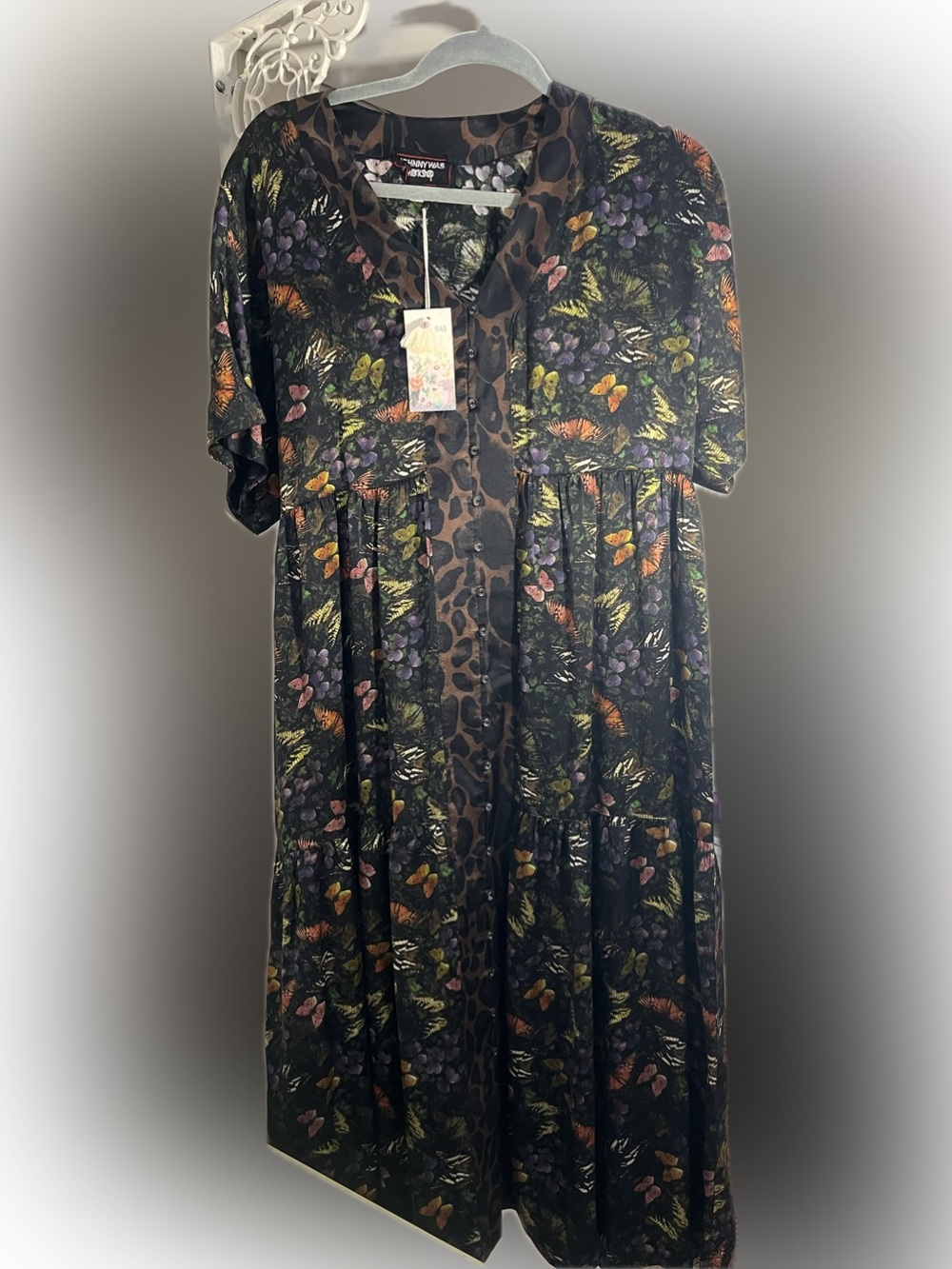 Johnny Was Butterfly & Leopard Print Dress in Black, Brown, Green